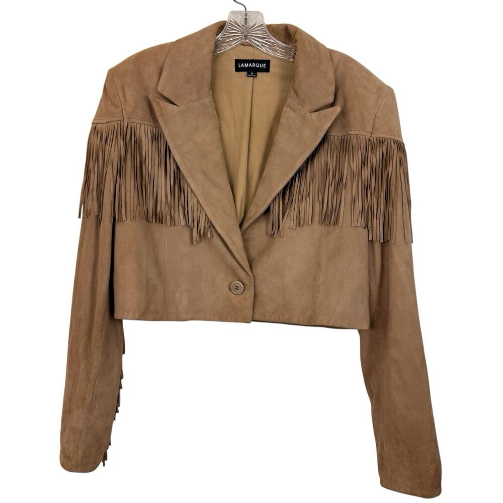 Lamarque Fringe Leather Jacket Sz Medium Cropped Tan Soft Suede Cowgirl Western